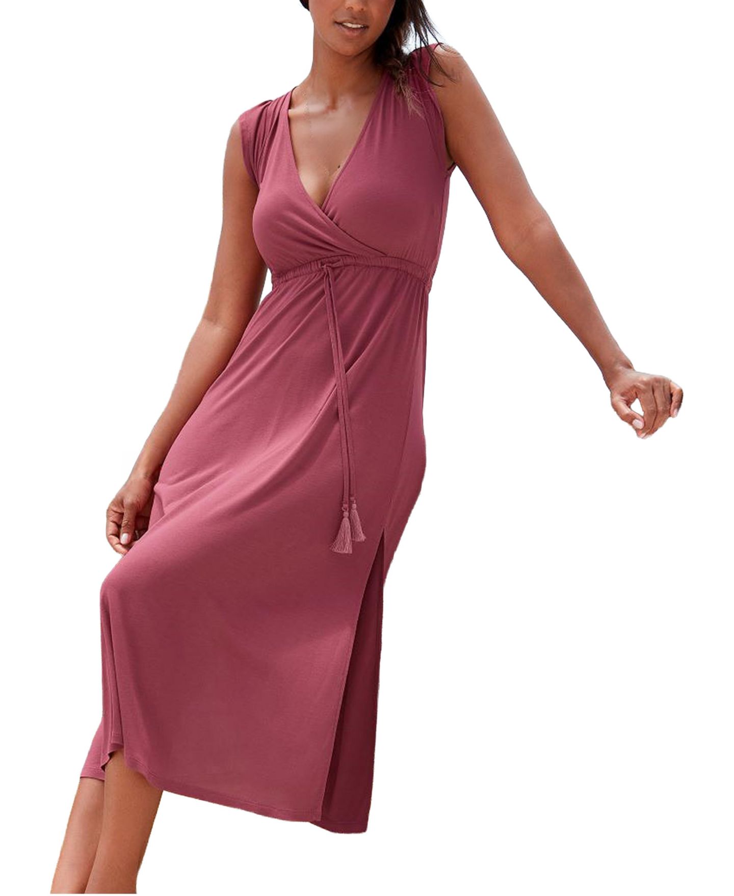 Женское платье Lascana Viscose Printed Side Slit A-Line V-Neck Elastic-Waist Maxi, цвет: Ягодный — фото 1