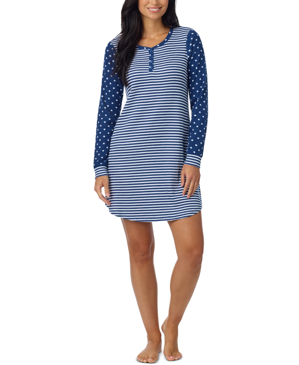 Cuddl Duds Women's Long-Sleeve Brushed Waffle-Knit Henley Sleep Shirt - Navy Print
