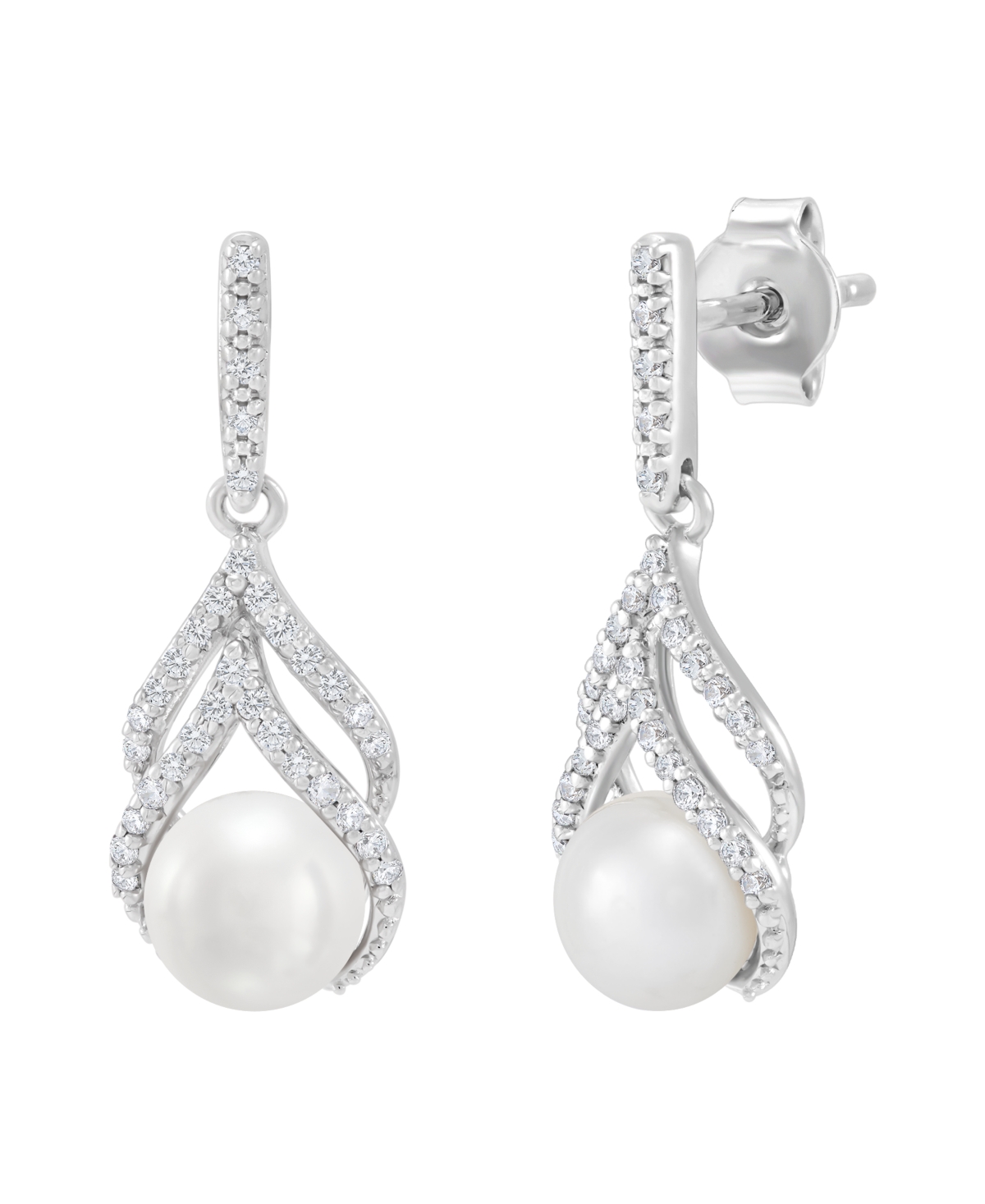 Honora Cultured Freshwater Pearl And Diamond Drop Earrings (1/5 Ct. T.w.) In 10k White Gold