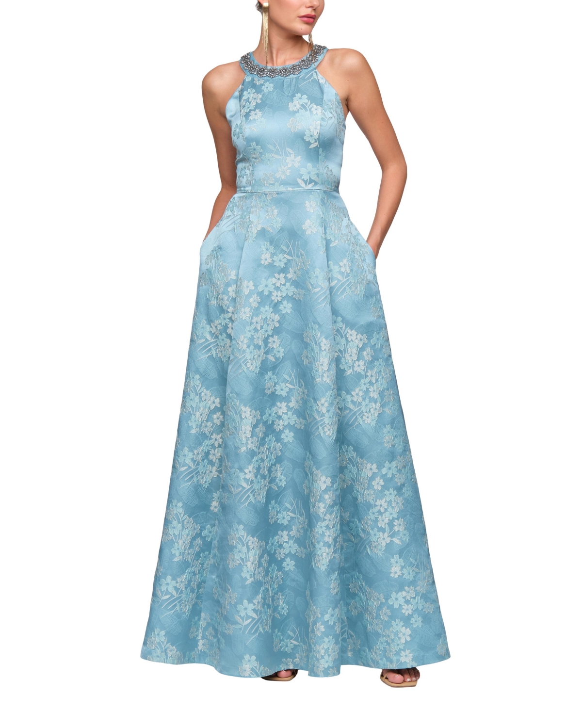 Js Collections Women's Donatella Floral-Jacquard Beaded Halter Gown