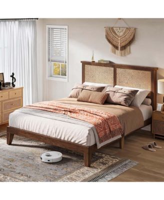 Full Size Platform Bed Frame, Modern Rattan Headboard with Accent Lighting, Farmhouse Noise-Free Mattress Foundation with Wood Slats
