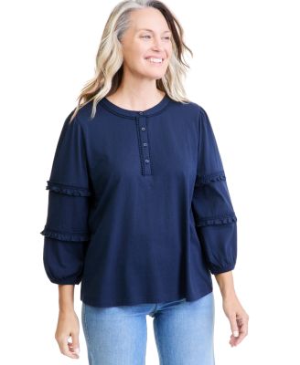 Women's 3/4-Sleeve Ruffle Sleeve Henley Blouse