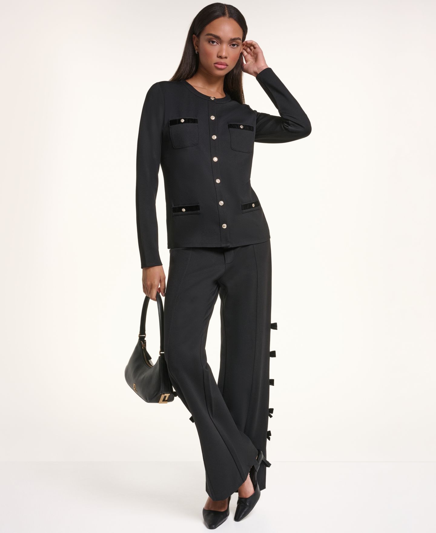 Женские брюки KARL LAGERFELD PARIS Petite Soft Set Bow Bottom Wide-Leg Velvet, цвет: Чёрный — фото 8