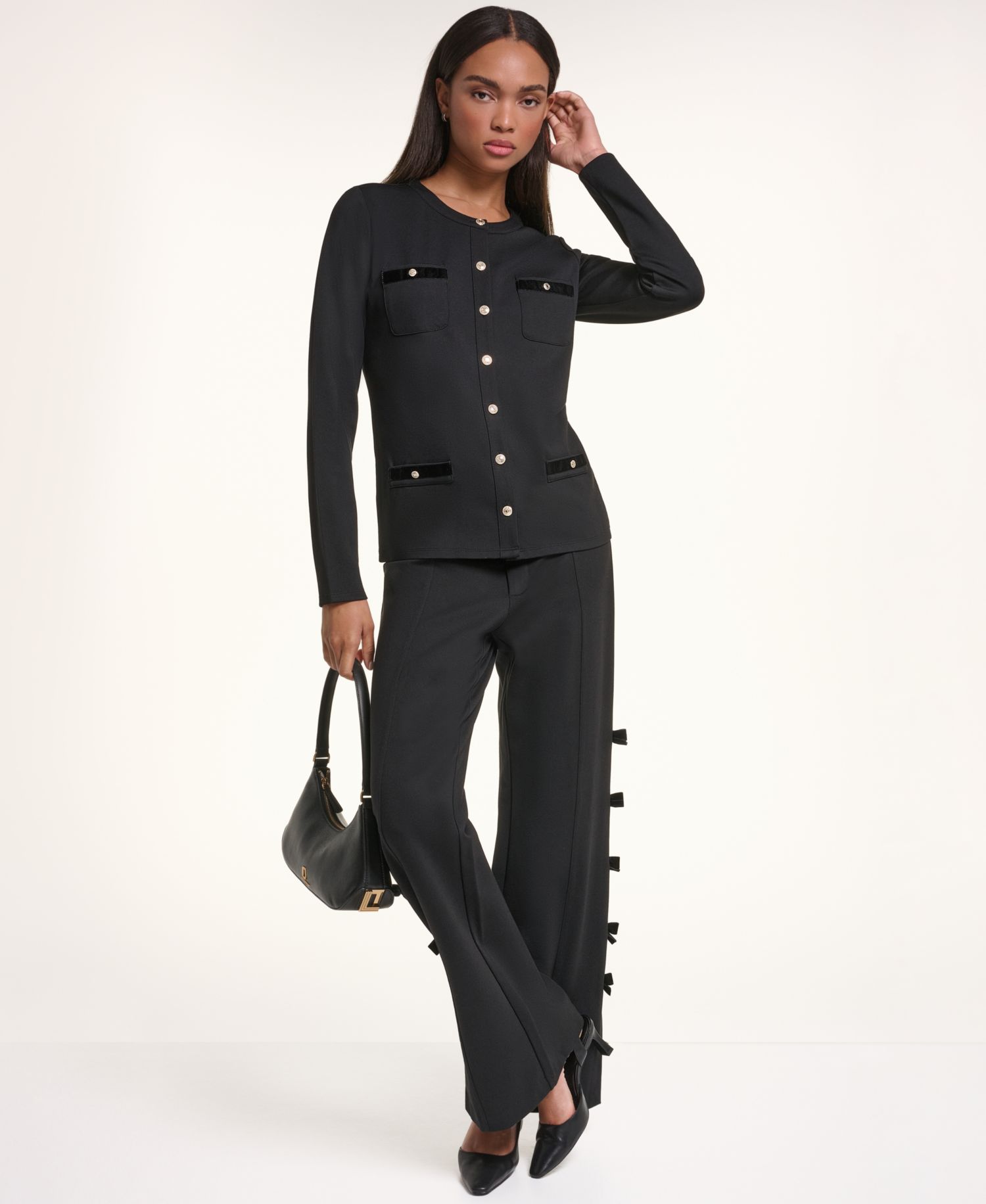 Petite Soft Set Bow Bottom Wide-Leg Velvet Pants
