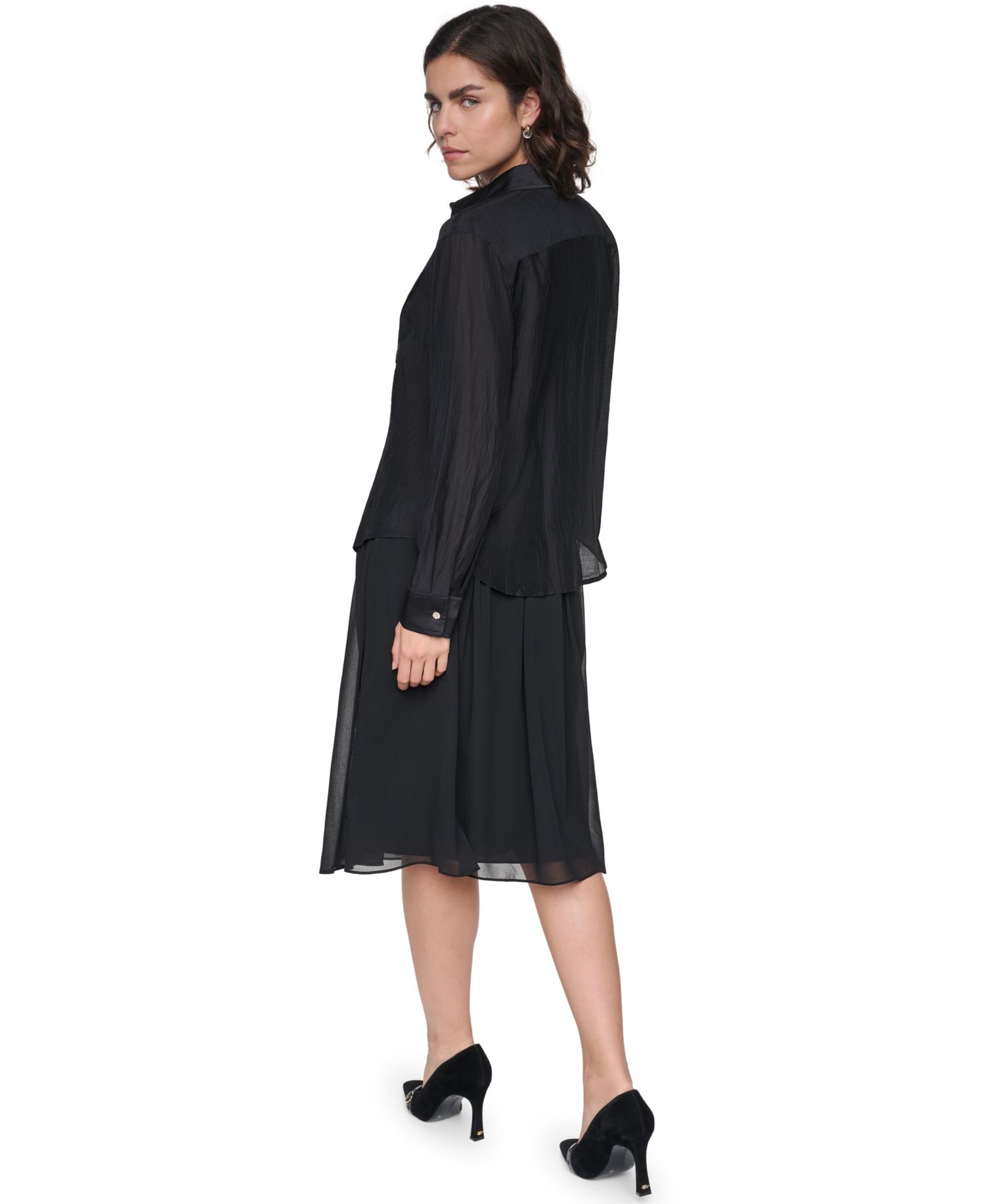 Petite Velvet Woven Long-Sleeve Point-Collar Blouse