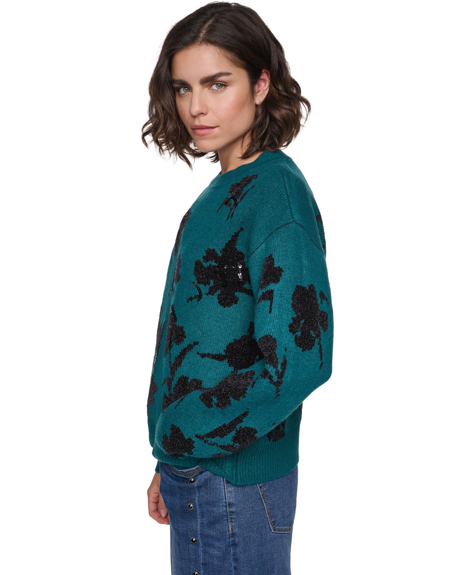 Petite Floral-Sequin Crewneck Sweater