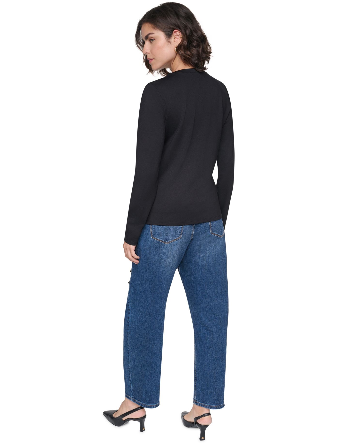 Petite Long-Sleeve Button-Up Crewneck Top