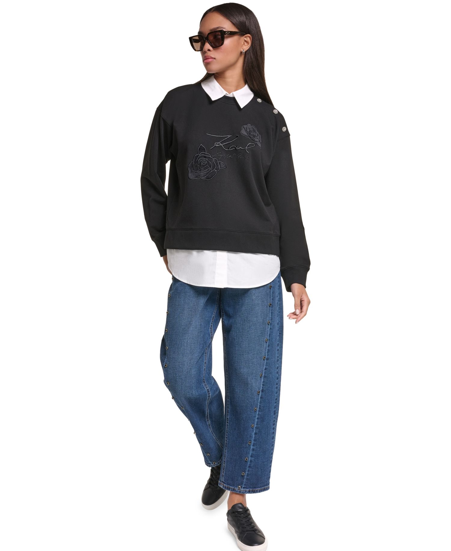 Petite Collared Twoffer Long-Sleeve Loose-Fit Pullover Sweater