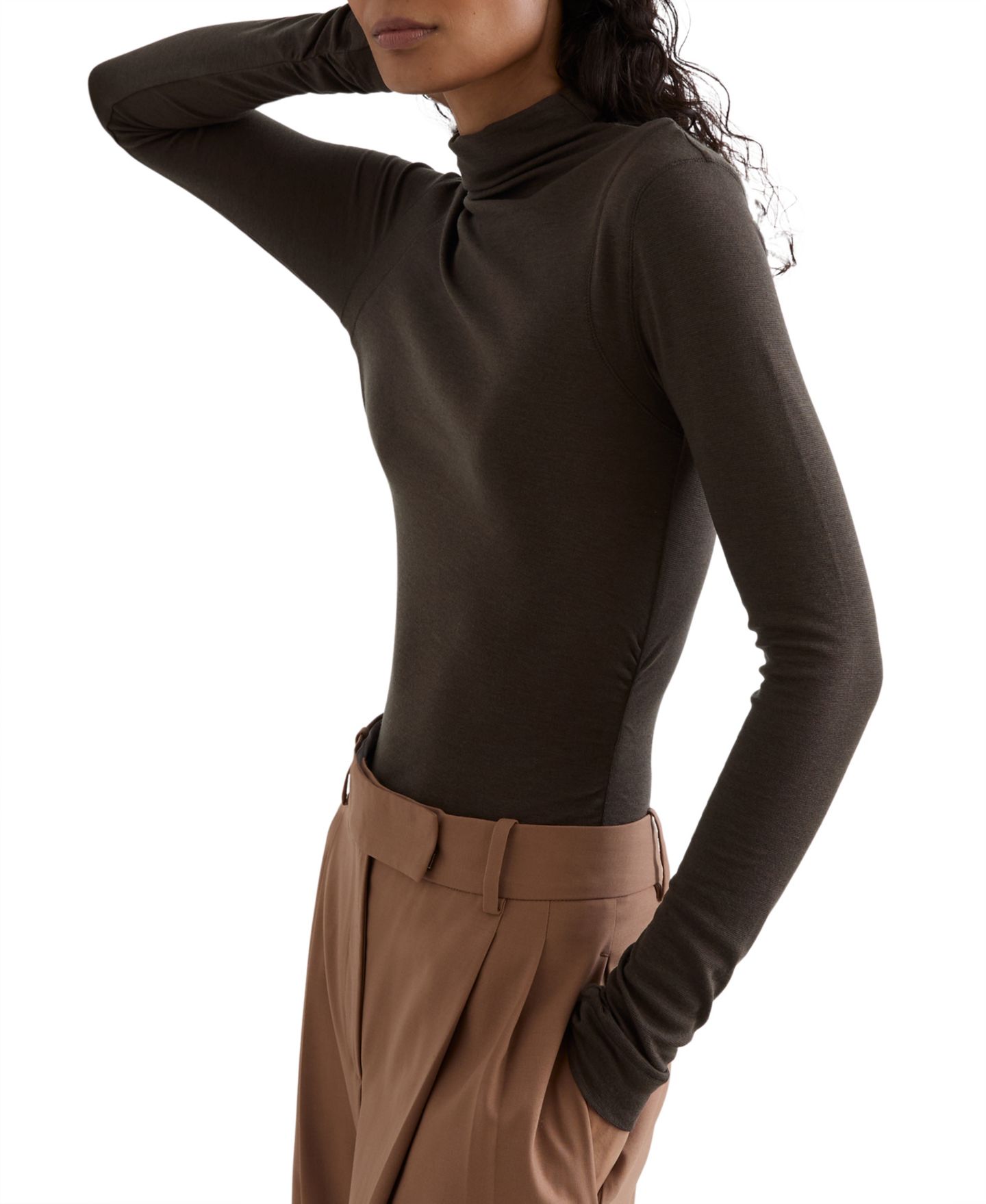 Женская рубашка REISS Heidi Mock Neck Long Sleeve, цвет: Шоколадный — фото 1