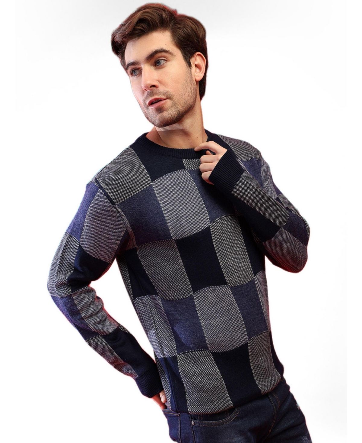 Cahoot Men's Campus Sutra Men Blue Checked Pullover Sweater - Blue checked colourblocked.