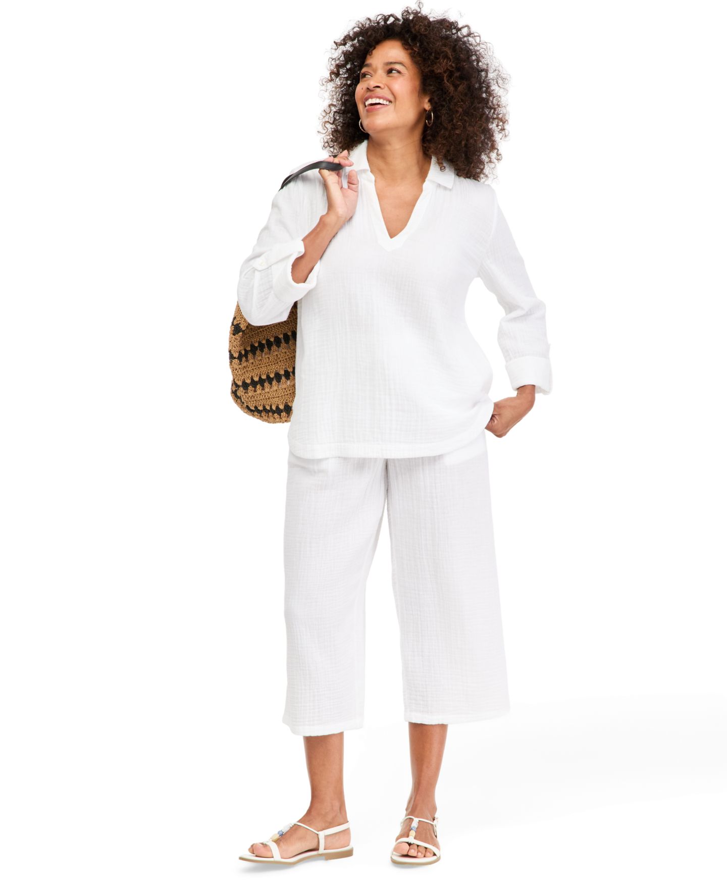 Женская рубашка Style & Co Cotton Gauze Popover Roll-Tab, цвет: Яркий белый — фото 2