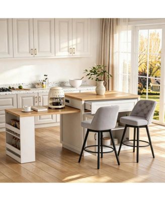 Rolling Kitchen Island 73 Extendable Dining Table with Storage Shelves Power Outlet and 2 Swivel Bar Stools Set Counter Height Kitchen Dining