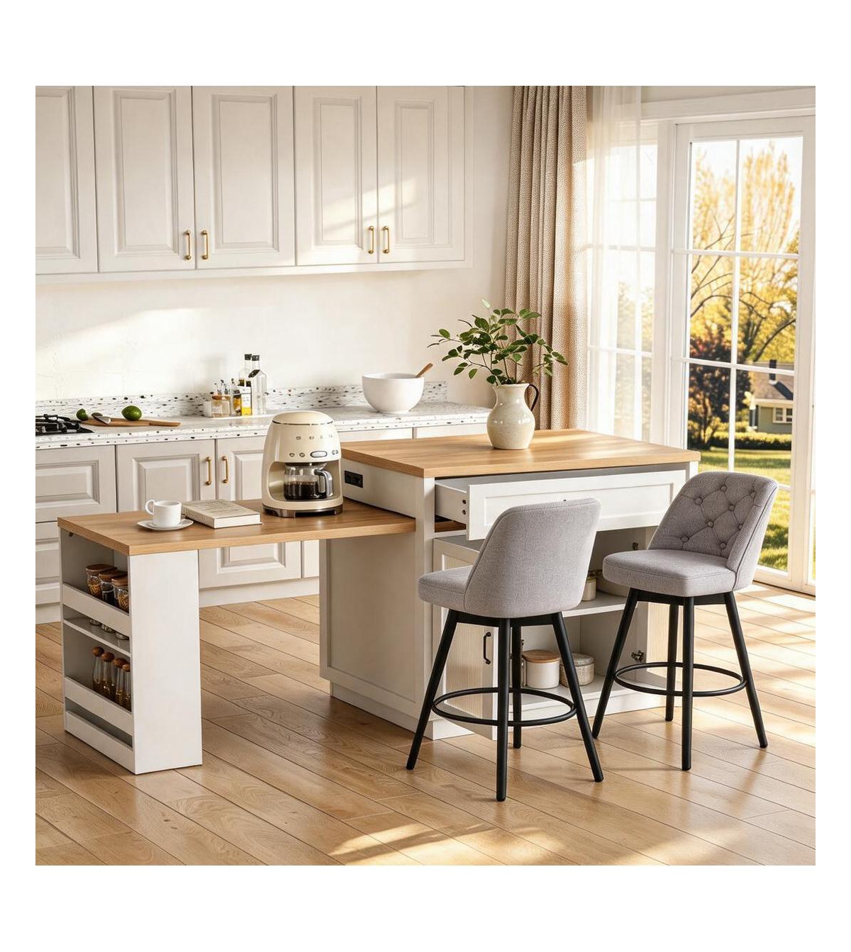 homfan Rolling Kitchen Island 73 Extendable Dining Table with Storage Shelves Power Outlet and 2 Swivel Bar Stools Set Counter Height Kitchen Dining
