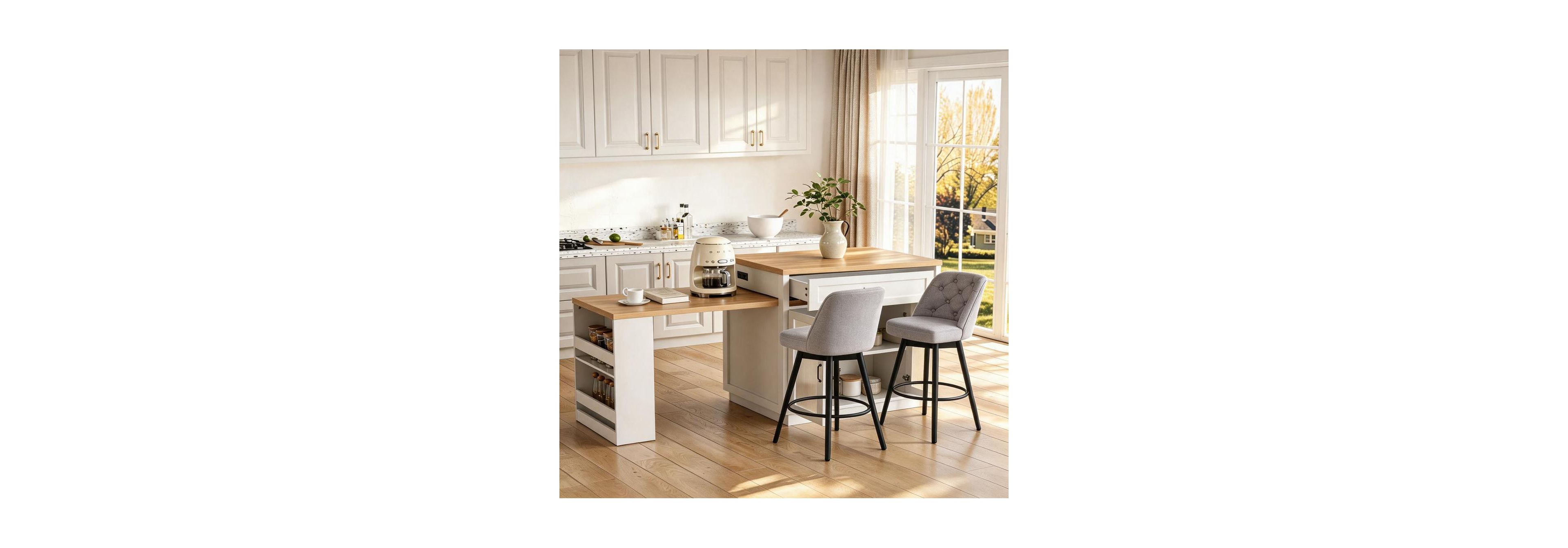 homfan Rolling Kitchen Island 73 Extendable Dining Table with Storage Shelves Power Outlet and 2 Swivel Bar Stools Set Counter Height Kitchen Dining