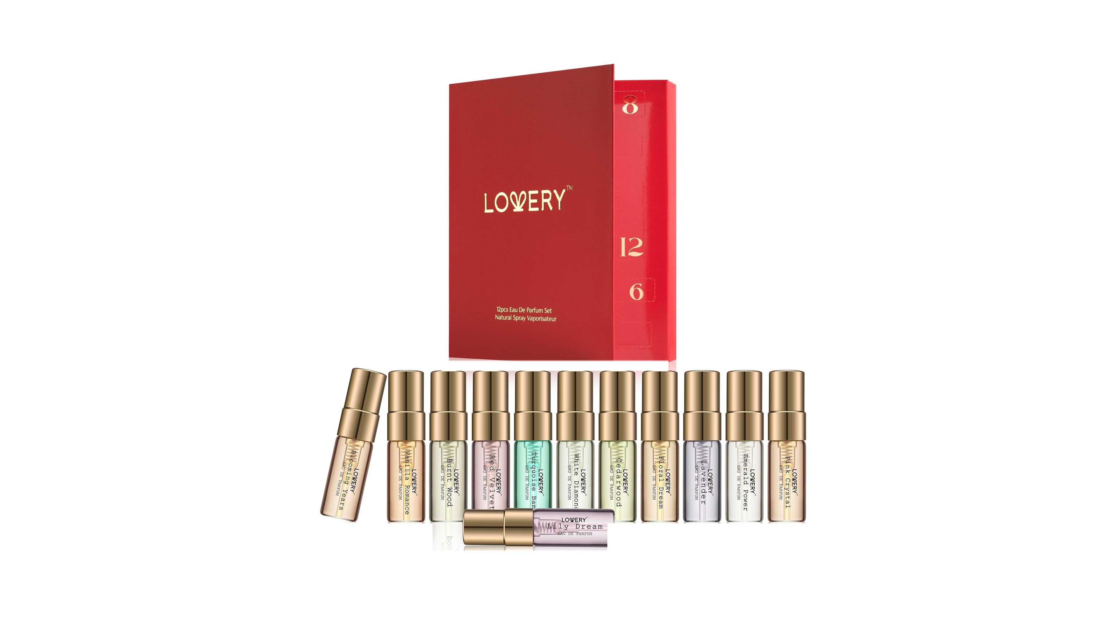 Lovery 12 Days of Glow, 12-Piece. Assorted Sampler Travel Perfume Gift Set