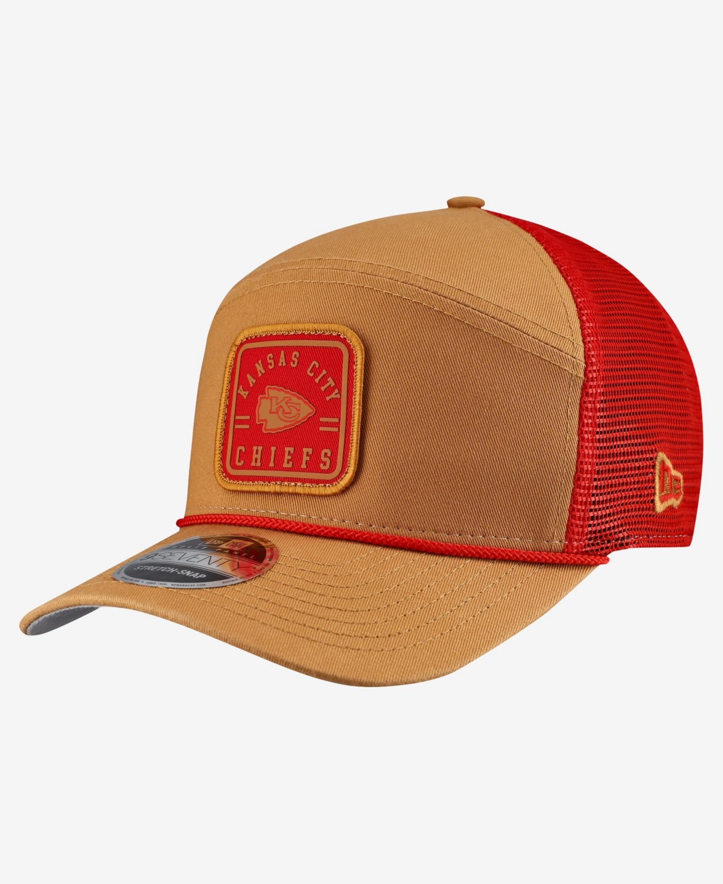 Мужская кепка New Era Brown/Red Kansas City Chiefs Team Patch Split Panel 9SEVENTY Adjustable Trucker Hat — фото 1