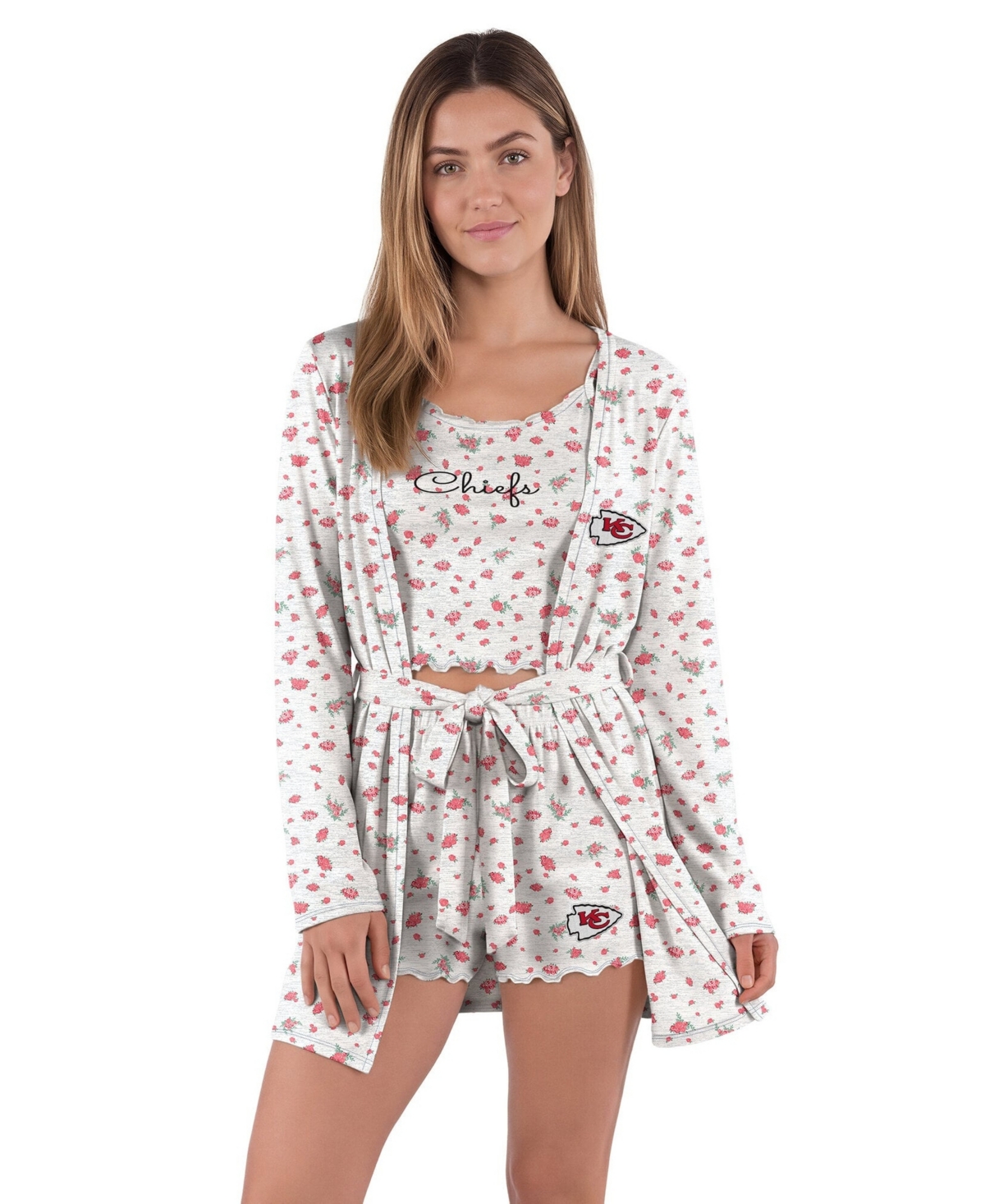 Concepts Sport Women's Kansas City Chiefs Cora Hacci-Knit Floral-Print Tank, Shorts, and Robe, 3-Piece Set - Heather Gray, Red