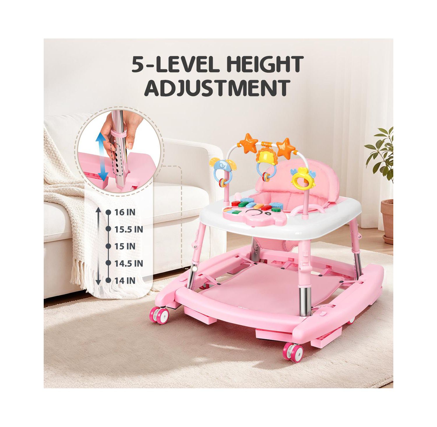 5-in-1 baby walker with adjustable height, activity panel and foldable design