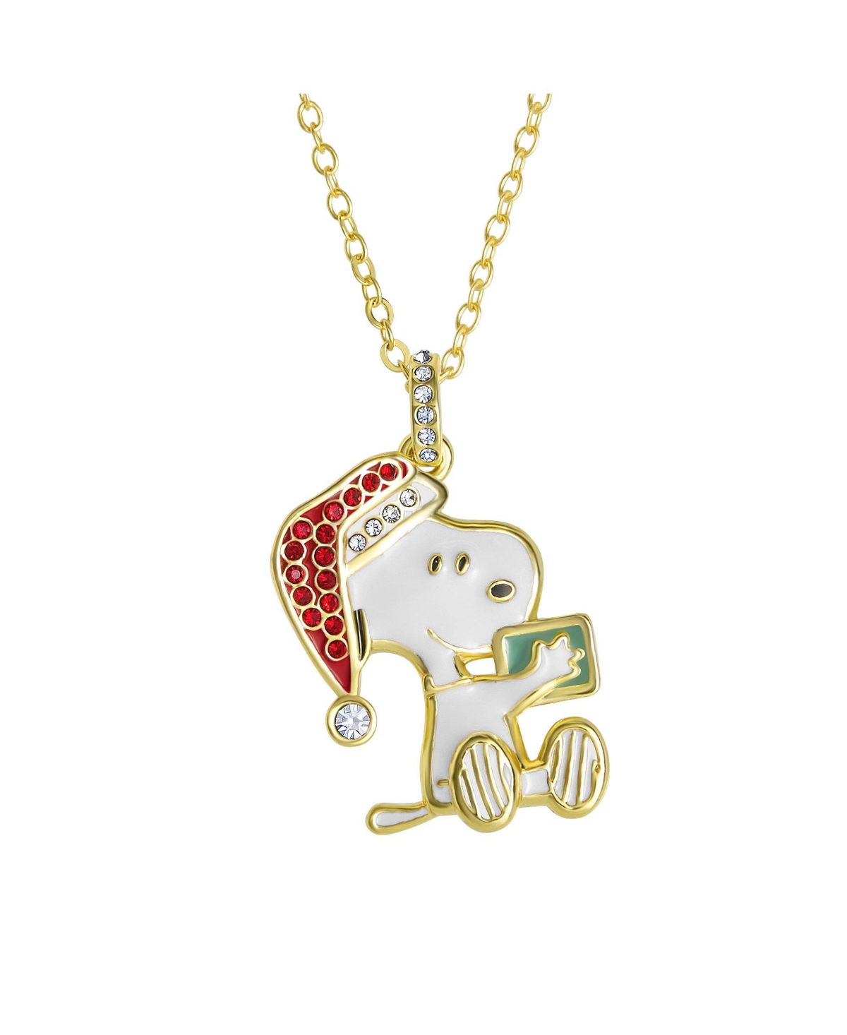 Peanuts Snoopy Christmas Necklace for Women, Clear and Red Crystals, 16"+2" - Gold