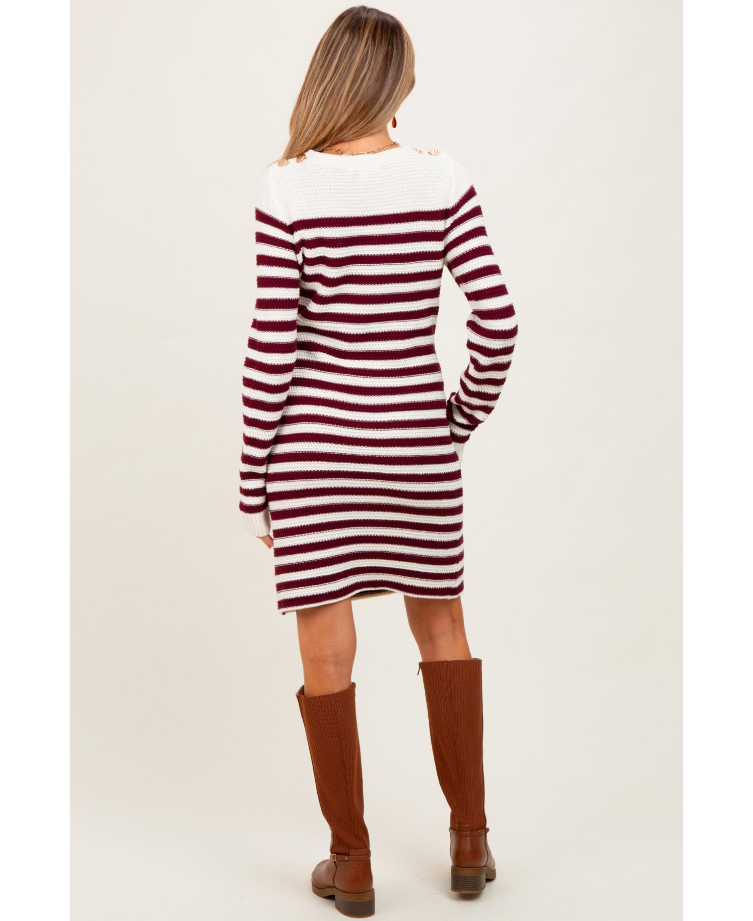 Women's Burgundy Striped Button Accent Mini Sweater Dress