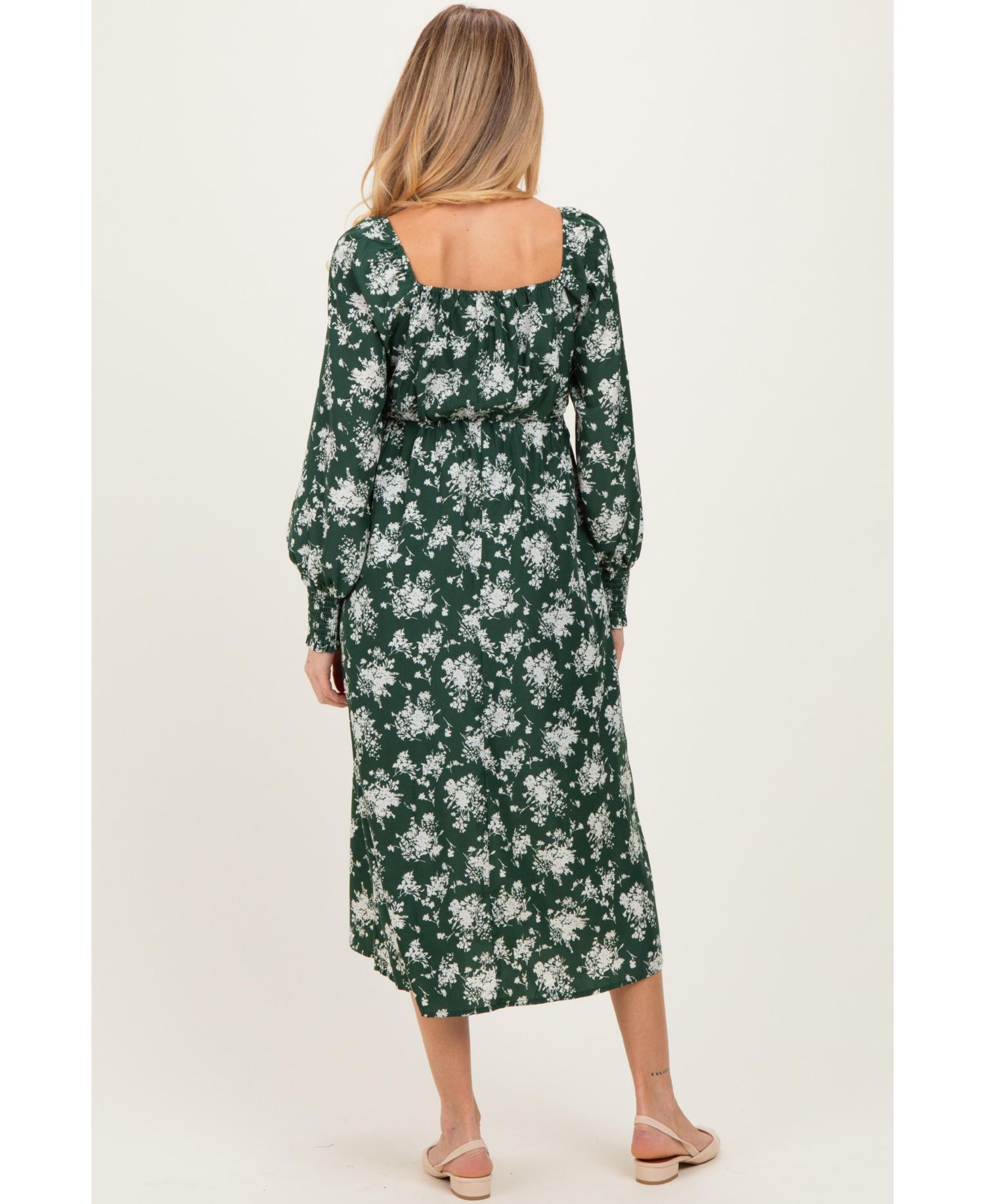 Women's Forest Green Floral Crossover Neckline Midi Dress