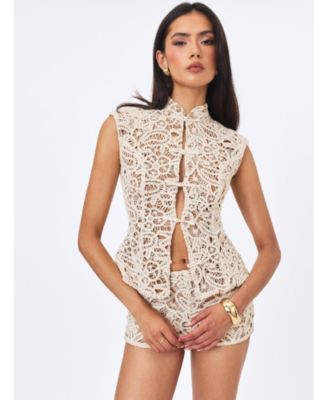 Women's Rosetta Crochet Mandarin-Collar Sleeveless Top