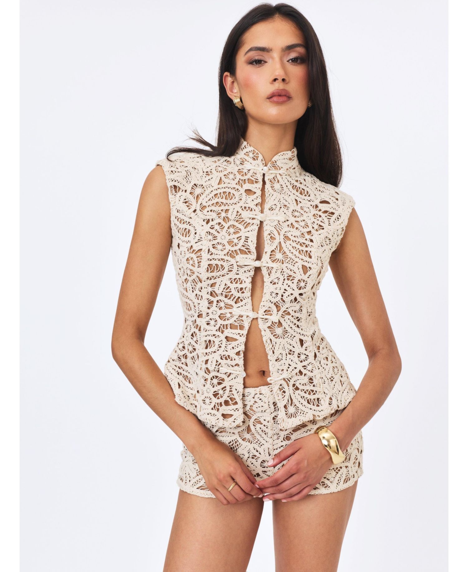 Women's Rosetta Crochet Mandarin-Collar Sleeveless Top