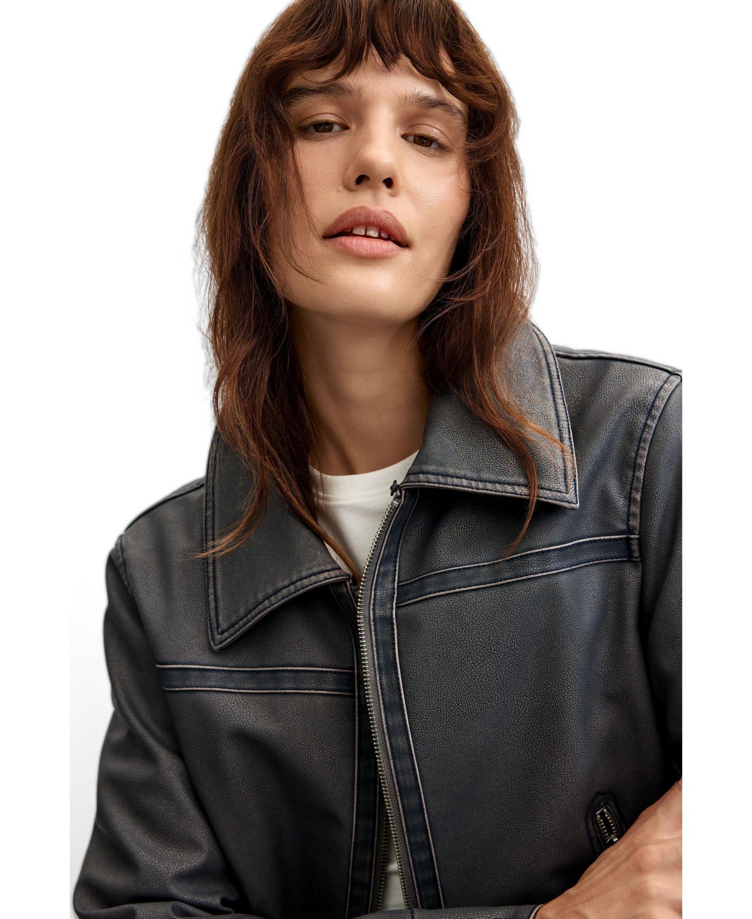 Women's Faux Leather Jacket with Fur Collar