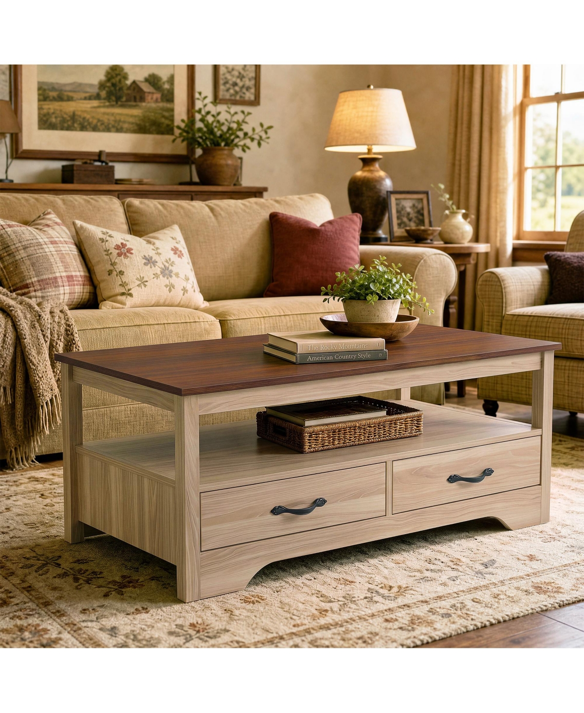 Farmhouse Coffee Table 41.3in 4 Drawers Open Shelf Engineered Wood Curved Base Vintage Handles for Living Room