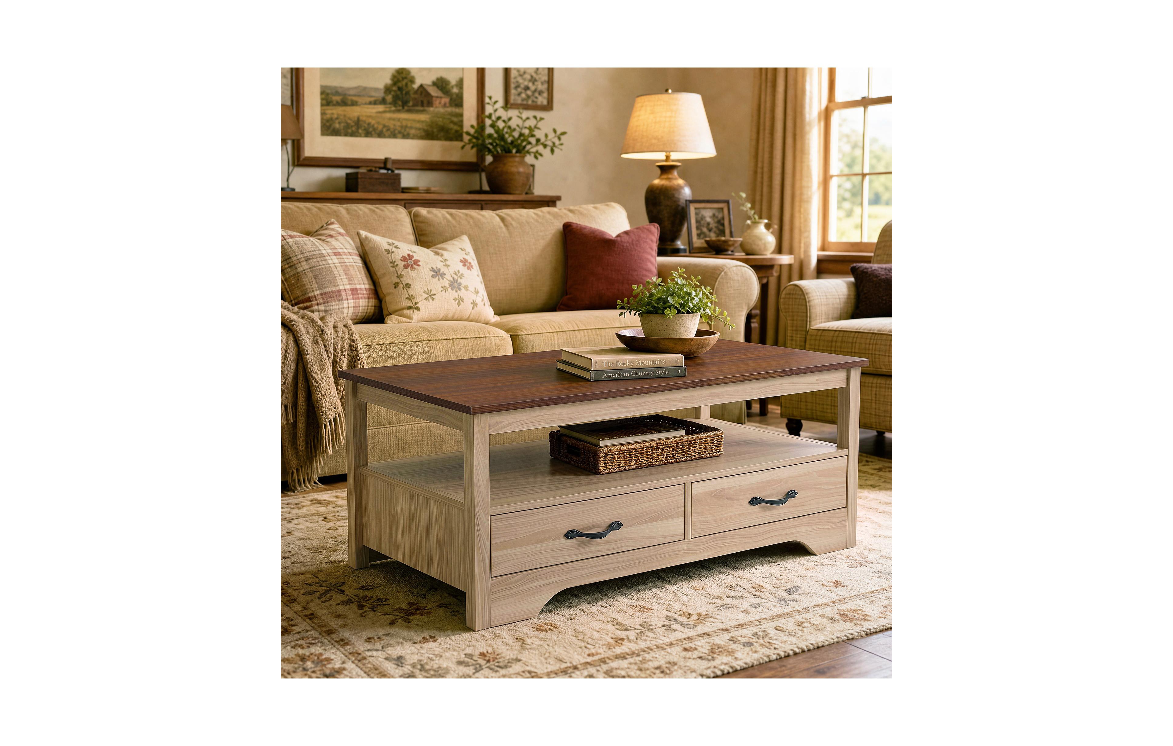 Farmhouse Coffee Table 41.3in 4 Drawers Open Shelf Engineered Wood Curved Base Vintage Handles for Living Room