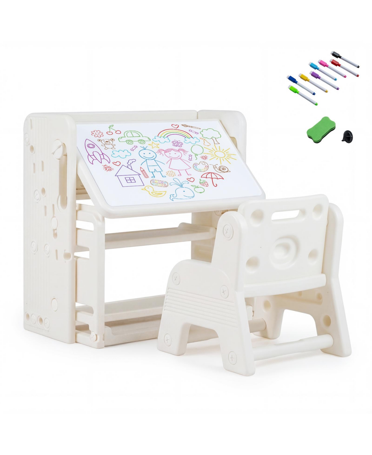 Costway Kids Desk and Chair Set Children Writing Desk with Side Bookshelves and Storage Baskets - Beige/khaki