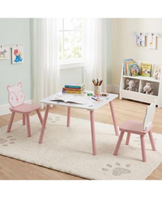 3 Pieces Kids Table and Chairs Set with Animal Patterns Wood Legs Rounded Corners