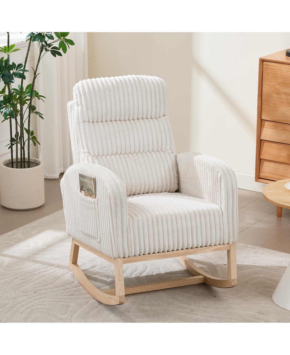 homfan Nursery Rocking Chair with High Backrest 33.5 Inch Corduroy Upholstered Wood Frame for Living Room Bedroom Reading Corner