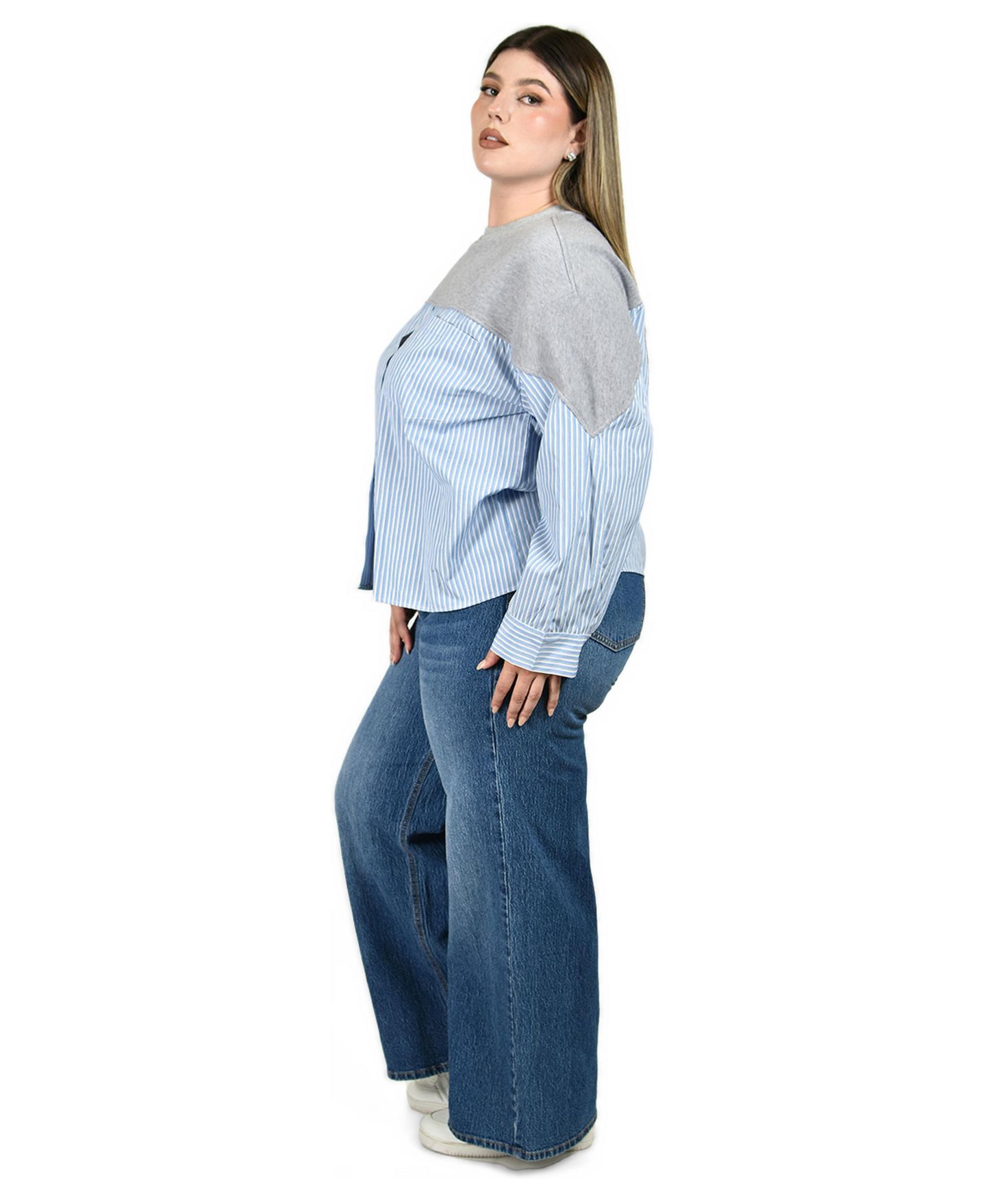 Женская блузка Roman Fashion Plus Size Long-Sleeve Crewneck Colorblock Striped, цвет: Синий — фото 3