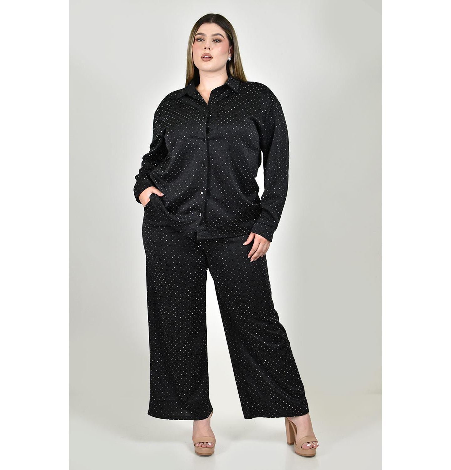 Женский комплект Roman Fashion Plus Size Polka-Dot Glitter Elastic-Waist Shirt and Wide-Leg Pants, 2-Piece Set, цвет: Чёрный — фото 5