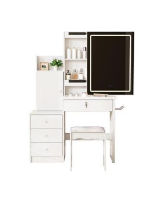 White Vanity Desk Set with Sliding Lighted Mirror, 4 Drawers and 9 Storage Spaces