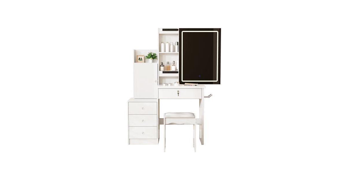 Flynama White Vanity Desk Set with Sliding Lighted Mirror, 4 Drawers and 9 Storage Spaces