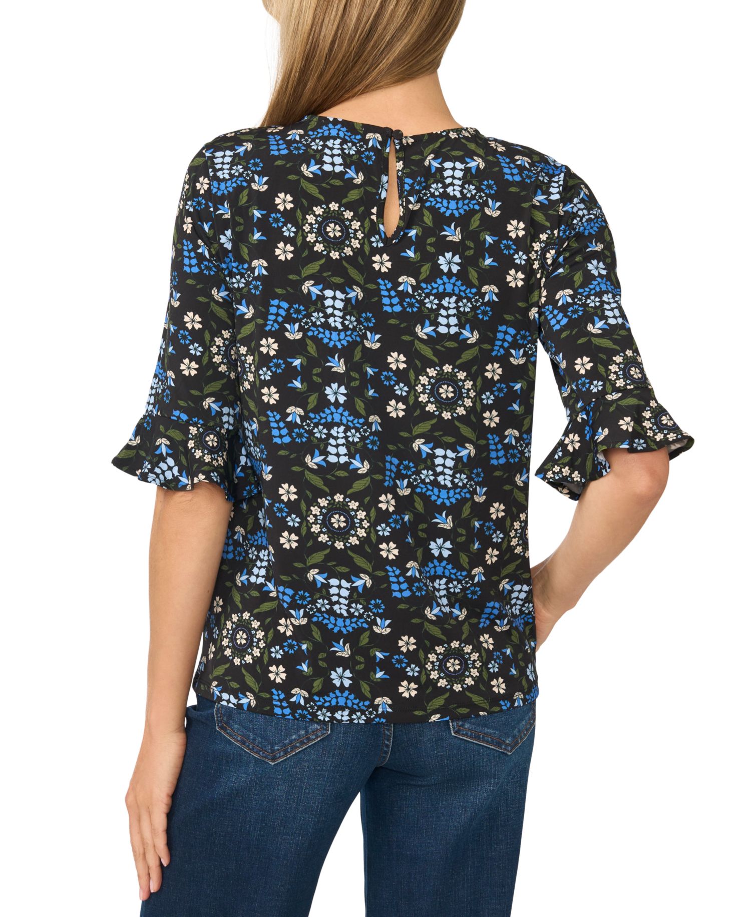 Women's Floral-Print Short-Sleeve Ruffle-Cuff Blouse