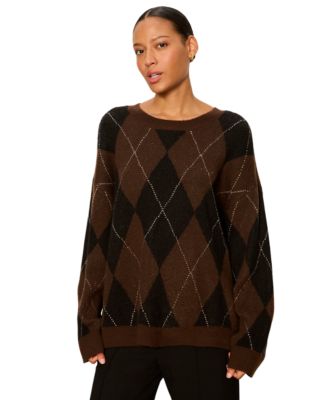 Petite Argyle Oversized Crewneck Pullover Sweater