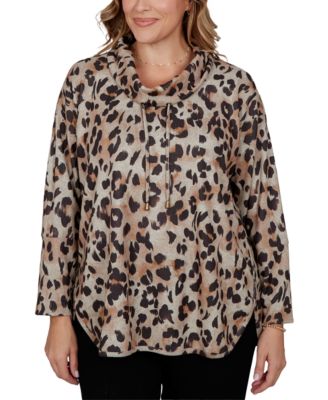 Plus Size Premium Cozy Knit Long-Sleeve Leopard-Print Cowl-Neck Top