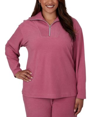 Plus Size Collared Quarter-Zip Ribbed-Knit Top