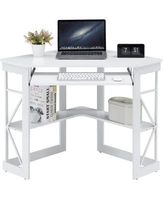 Wood with Keyboard Tray and Storage Shelves Corner Desk