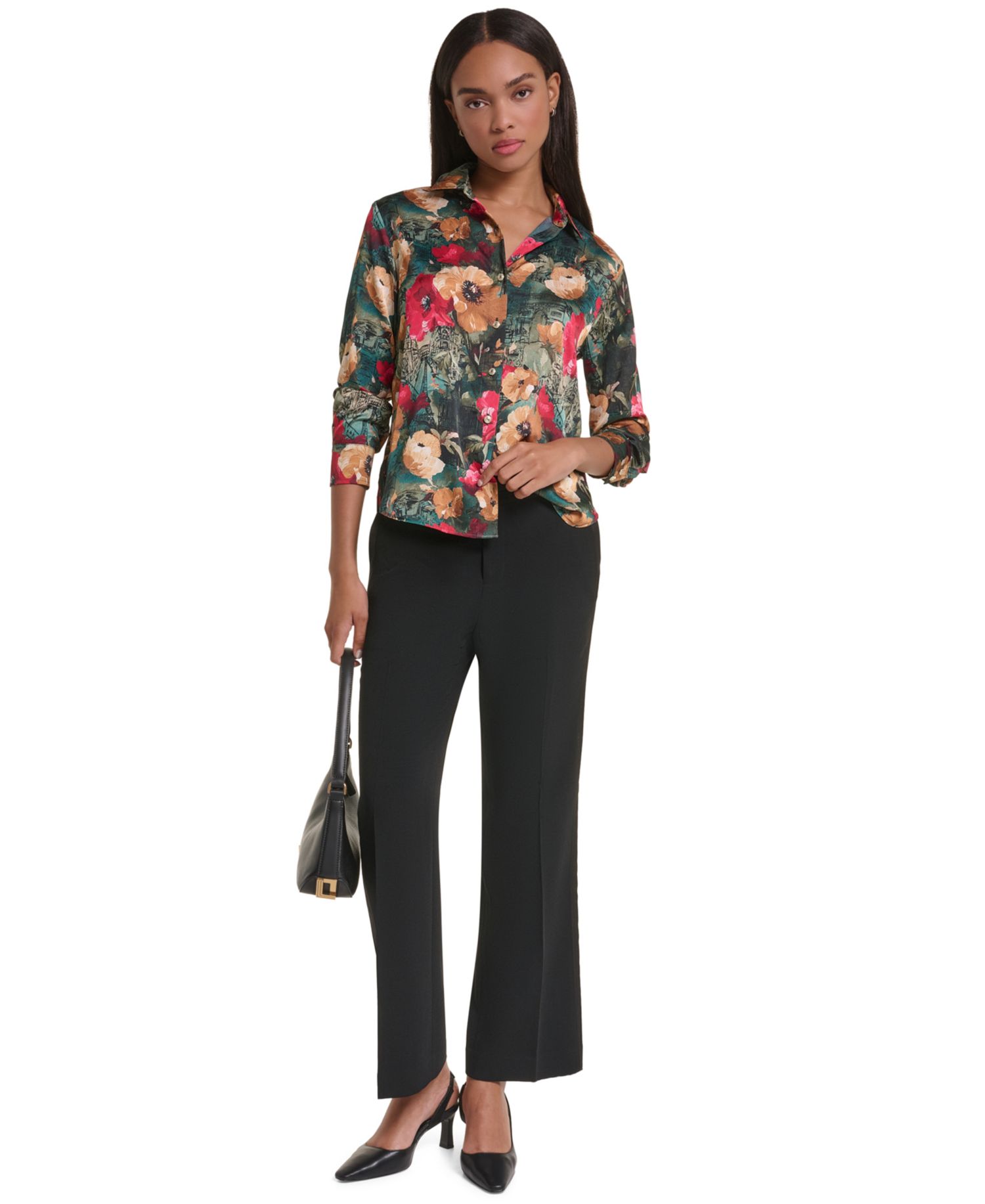 Petite Satin Floral Long-Sleeve Blouse