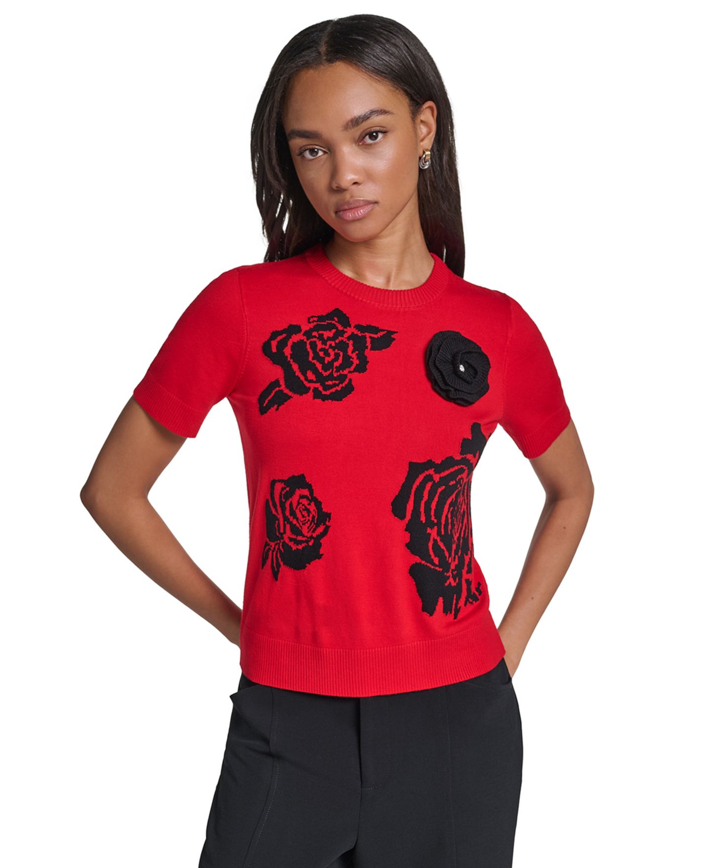 Женский свитер KARL LAGERFELD PARIS Petite All Over Rose Floral Crewneck Short-Sleeve Sweater, цвет: Красный / Чёрный — фото 8