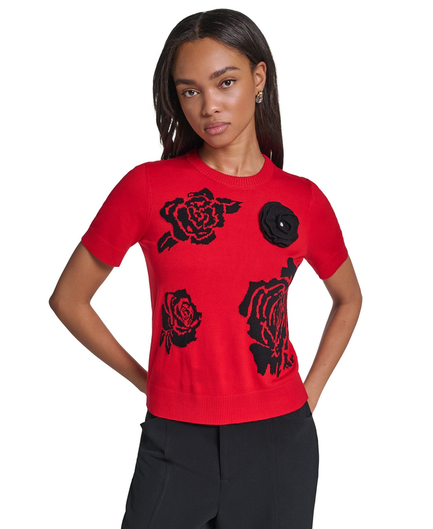 Petite All Over Rose Floral Crewneck Short-Sleeve Sweater
