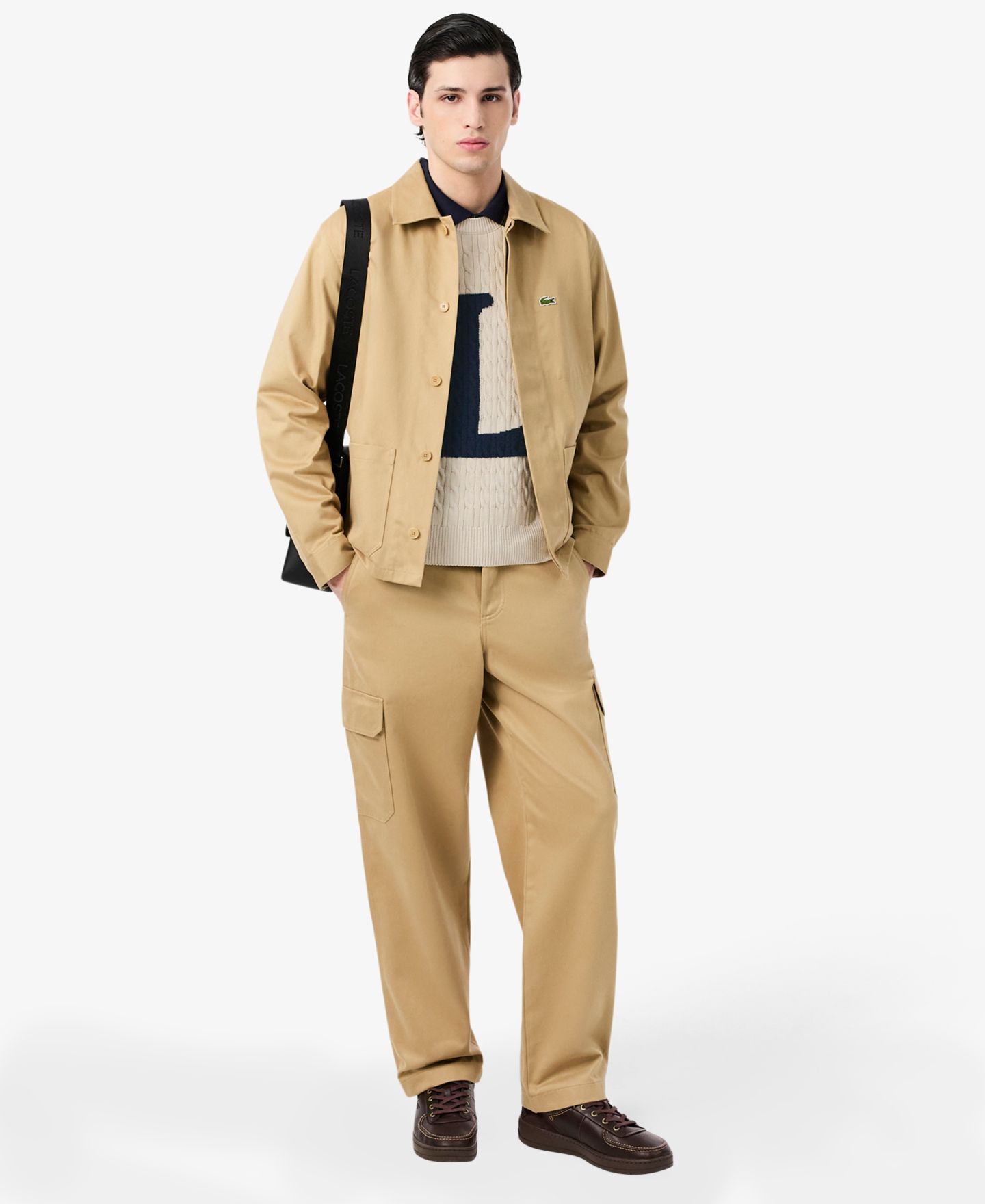 Мужской свитер Lacoste Cable-Knit Intarsia-Logo Crewneck Pullover, цвет: Naturel Cl — фото 2