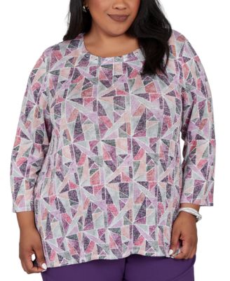 Plus Size Geometric-Print 3/4-Sleeve Tunic Top