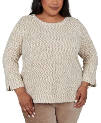 Plus Size Boat Neck 3/4 Sleeve Side Slit Sweater