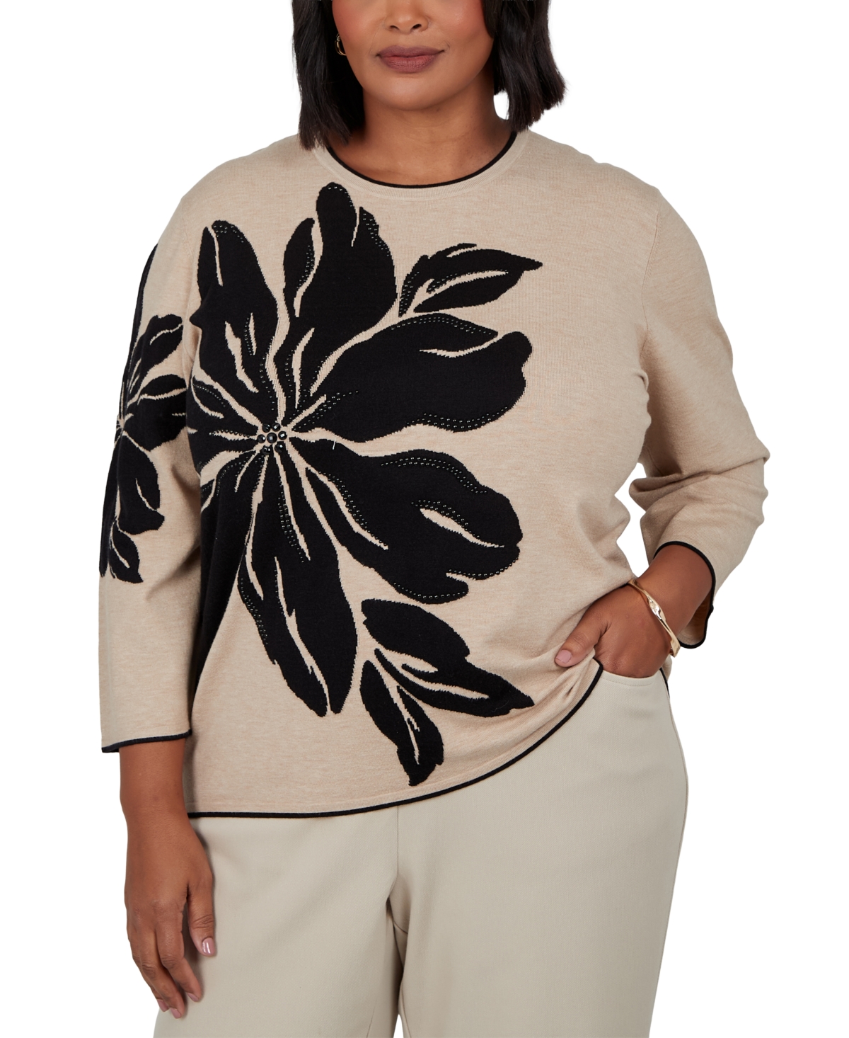 Alfred Dunner Plus Size Loose 3/4-Sleeve Floral Pullover Sweater - Tan