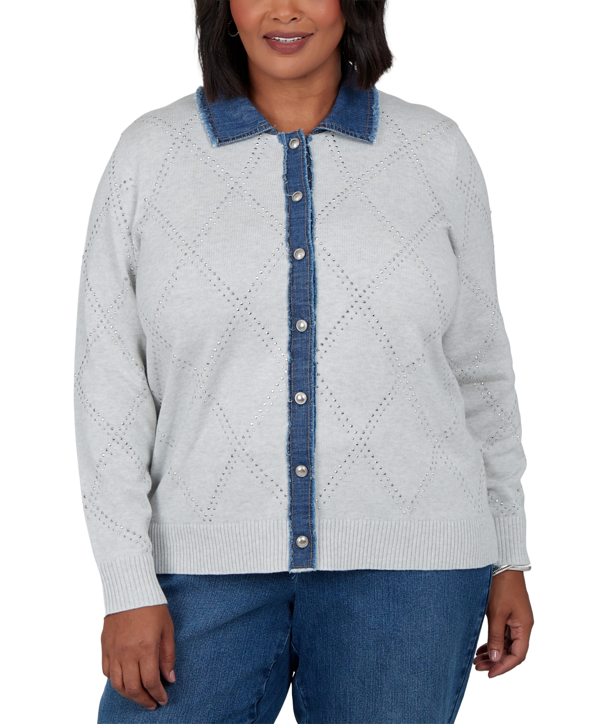 Alfred Dunner Plus Size Long Sleeve Pointelle Knit Johnny Collar Cardigan Sweater - Grey